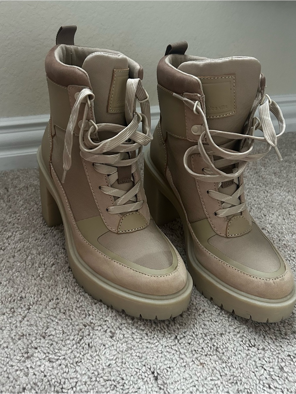 Chunky Lace-Up Ankle Boots in Beige - Dolce Vita